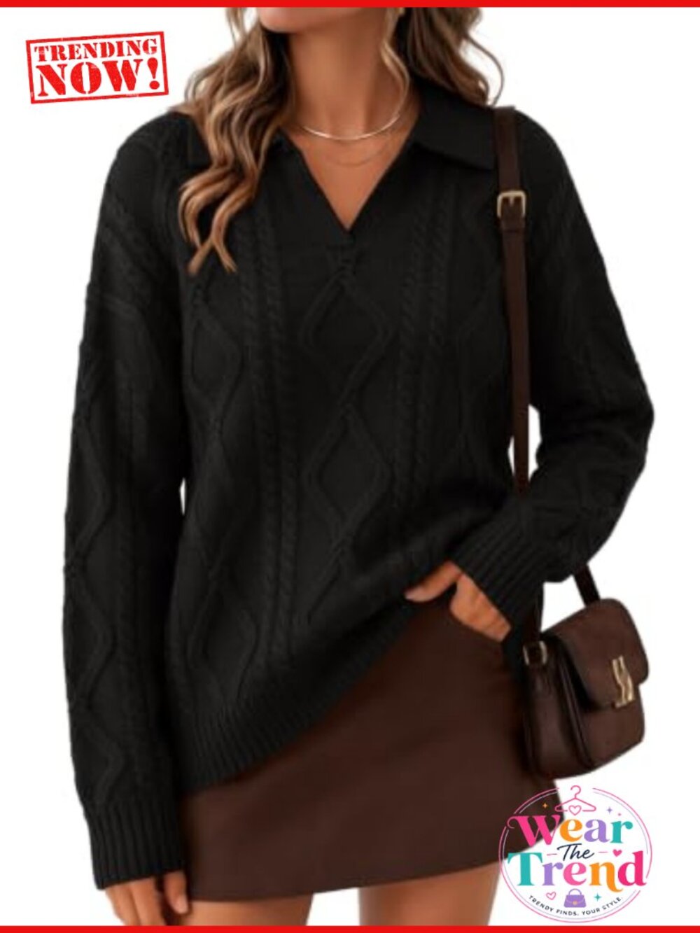 Lazysmile Oversized Cable Knit Polo V Neck Pullover Sweater